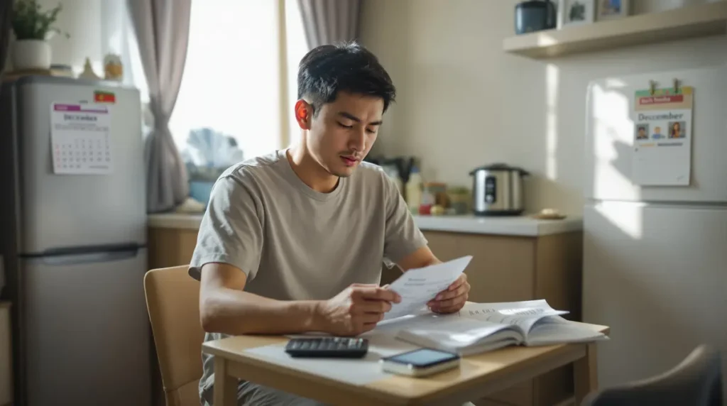 Homem nikkei brasileiro de 30 anos lendo holerite de dezembro em apartamento no Japão com expressão concentrada