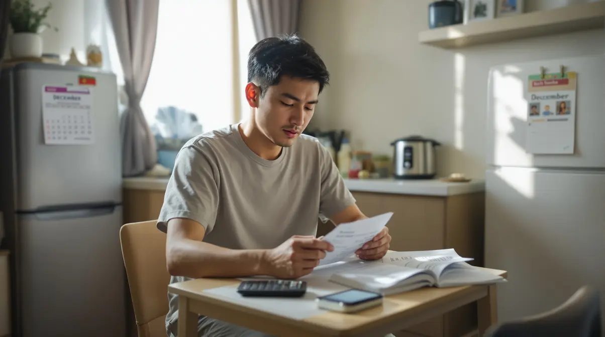 Homem nikkei brasileiro de 30 anos lendo holerite de dezembro em apartamento no Japão com expressão concentrada