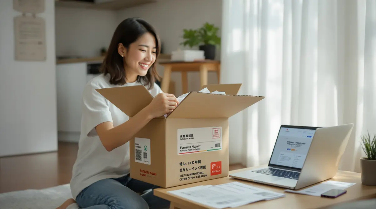Mulher nikkei brasileira de aproximadamente 30 anos abrindo caixa de produto regional henreihin do furusato nozei em apartamento japonês moderno