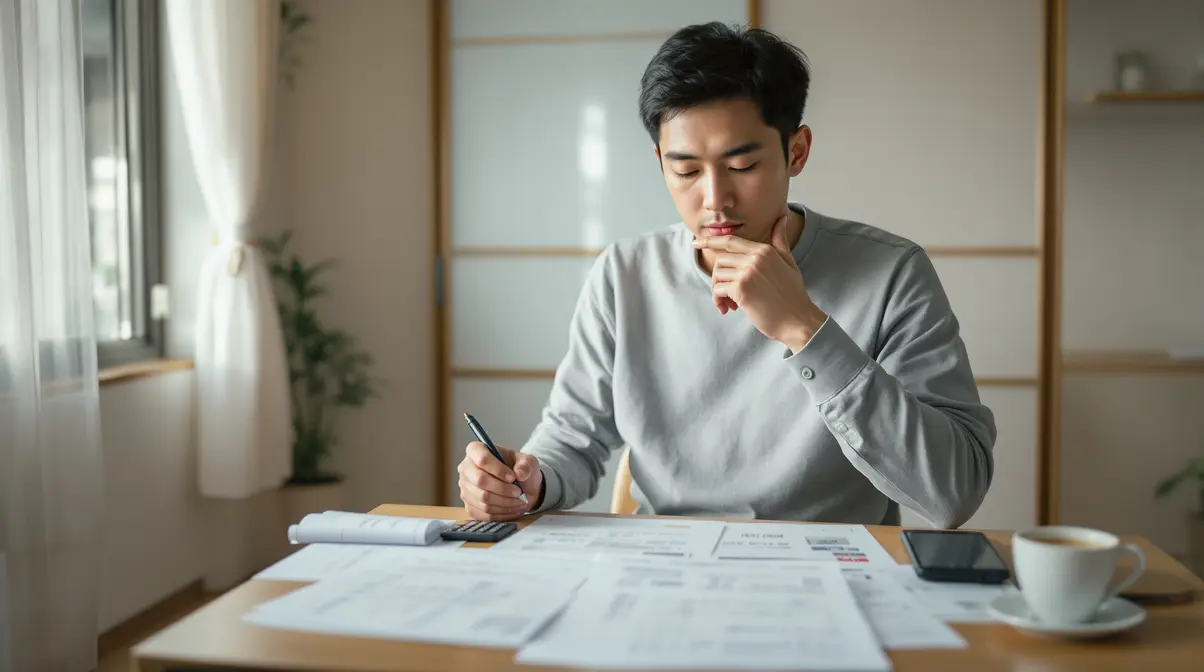 Jovem brasileiro nikkei sentado à mesa revisando documentos de contrato de aluguel e seguro no Japão
