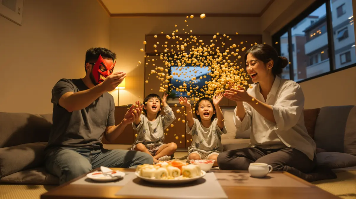 Família nikkei brasileira com pais e duas crianças celebrando o Setsubun em apartamento japonês, jogando grãos de soja torrados durante o mamemaki