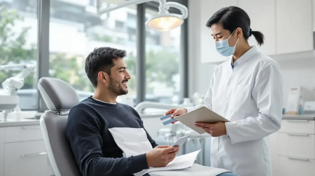 Homem nikkei brasileiro em consulta odontológica no Japão apresentando cartão do shakai hoken