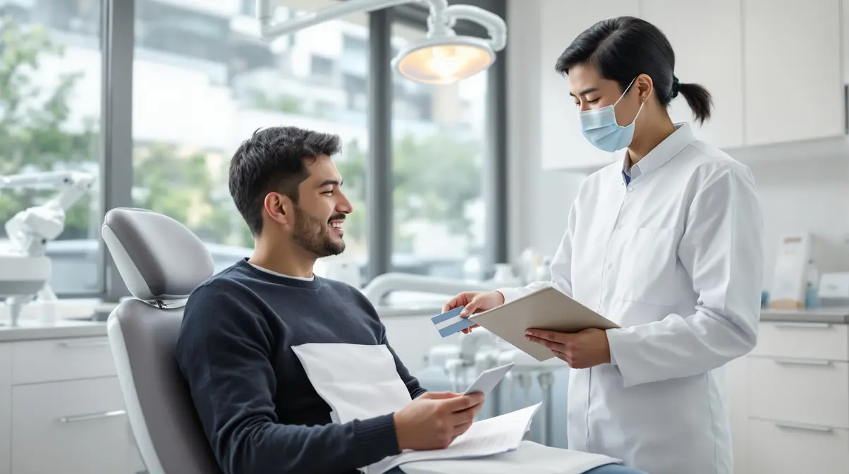 Homem nikkei brasileiro em consulta odontológica no Japão apresentando cartão do shakai hoken