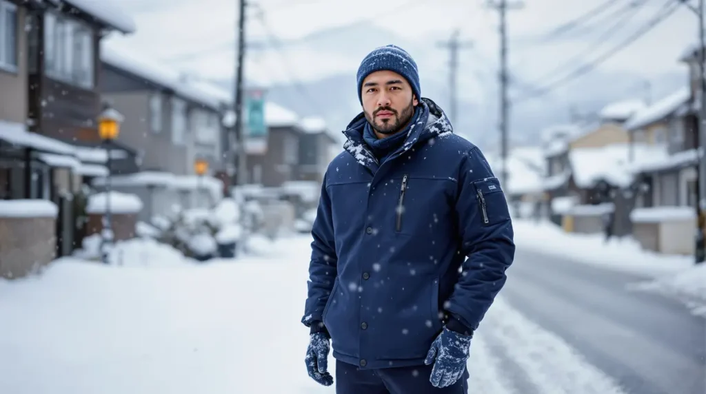 Homem nikkei brasileiro usando casaco térmico em paisagem nevada de cidade pequena no norte do Japão
