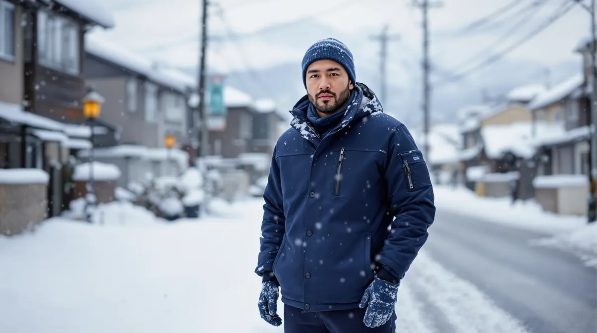 Homem nikkei brasileiro usando casaco térmico em paisagem nevada de cidade pequena no norte do Japão