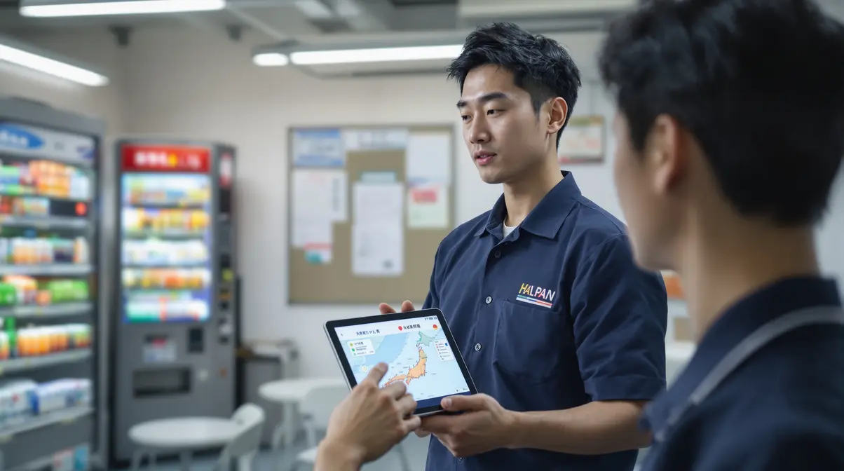 Homem nikkei brasileiro de 30 anos em uniforme de fábrica segurando tablet com mapa de Hyogo e Hiroshima em sala de descanso no Japão
