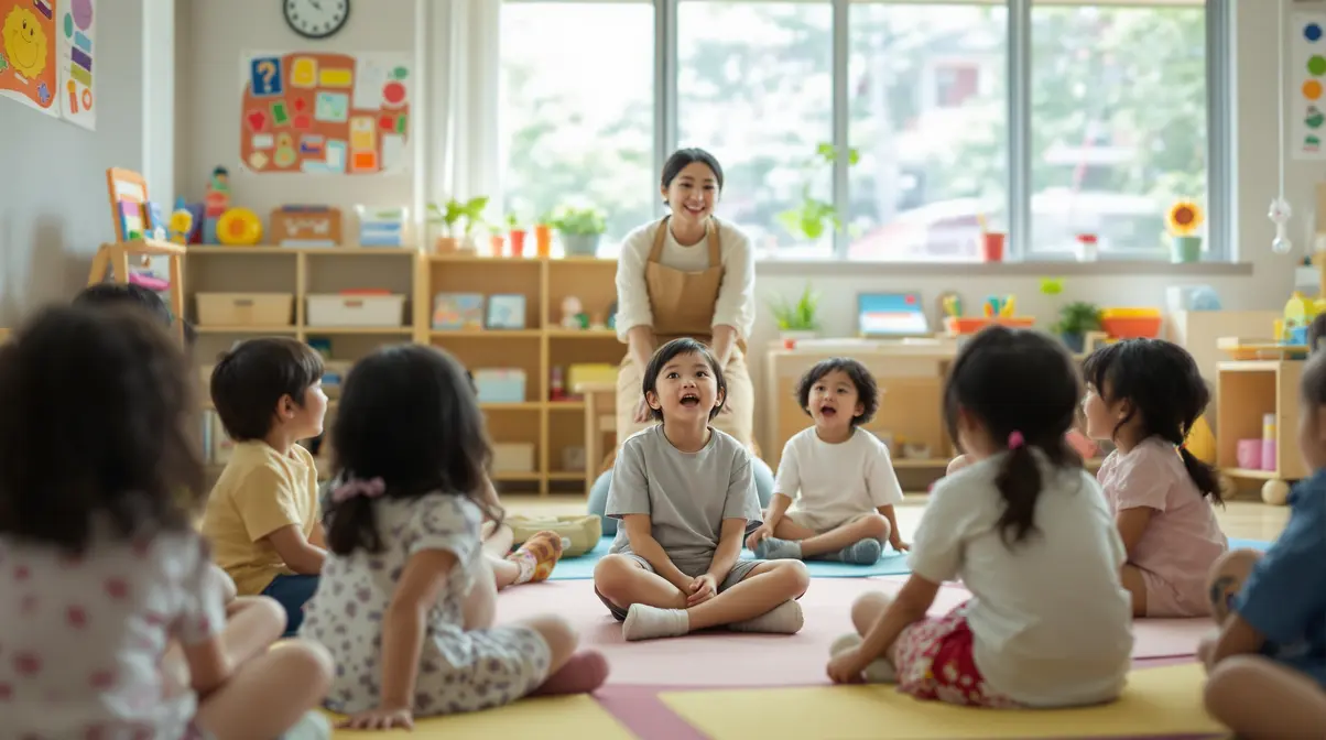 Criança nikkei brasileira de 4 anos participando de atividade em círculo em sala de kodomoen no Japão, com professor e outras crianças, ambiente colorido e acolhedor