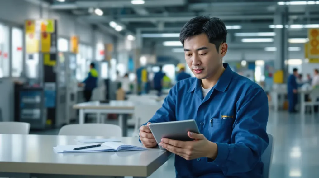 Trabalhador nikkei brasileiro lendo notícias sobre shunto no tablet em ambiente de fábrica no Japão