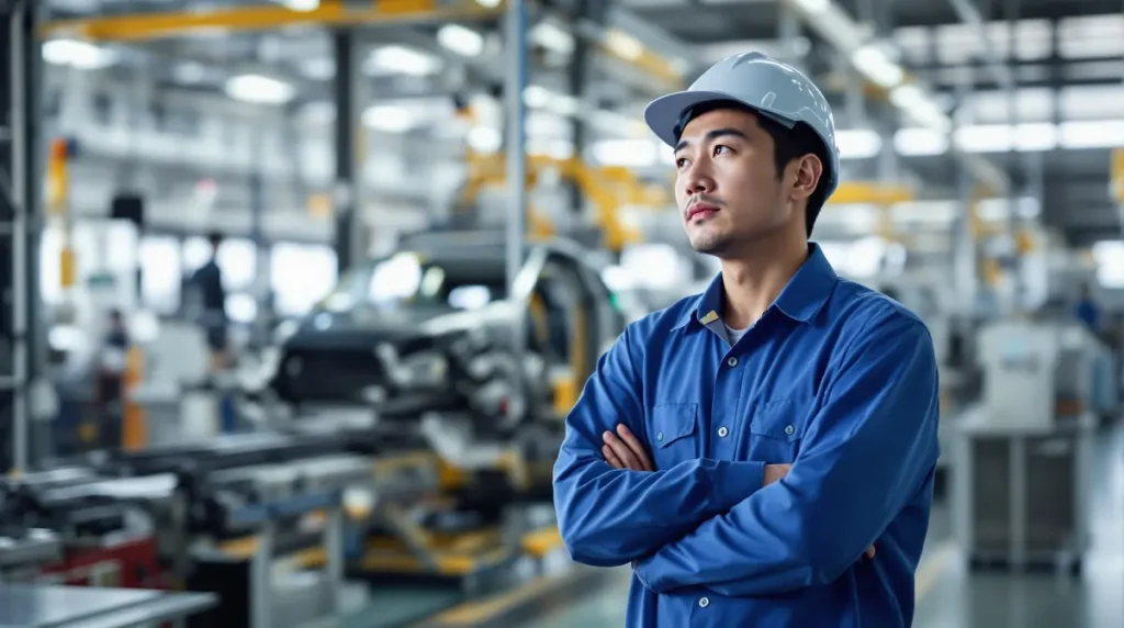 Trabalhador nikkei brasileiro de meia-idade em uniforme de fábrica olhando para linha de produção japonesa enquanto reflete sobre antiguidade e carreira