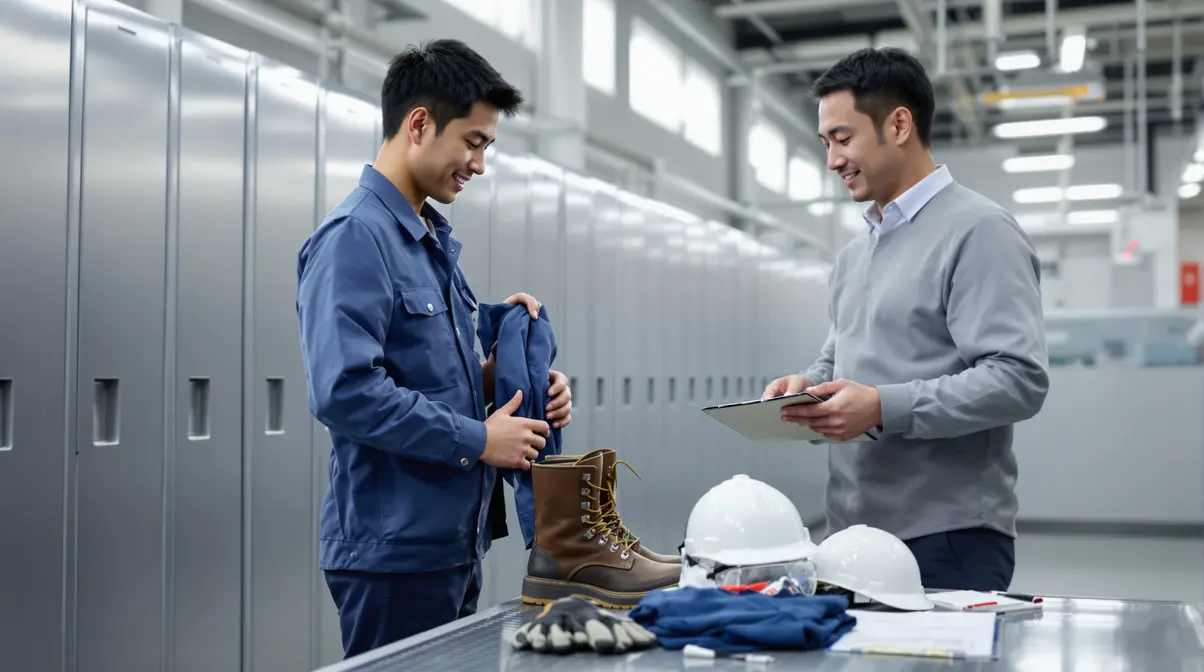 Trabalhador brasileiro descendente de japoneses recebendo uniforme de trabalho e equipamentos de proteção individual no vestiário de fábrica japonesa