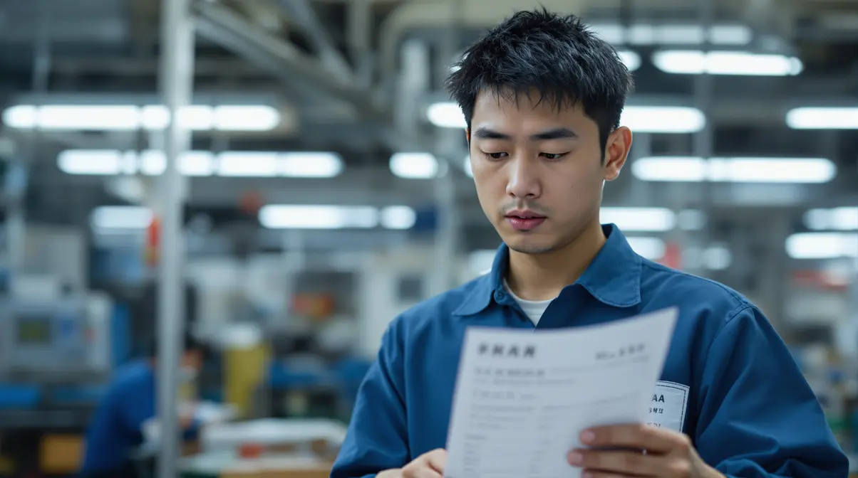 Trabalhador brasileiro nikkei de uniforme azul conferindo holerite japonês em ambiente de fábrica no Japão