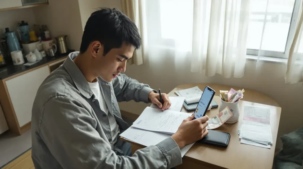 Homem brasileiro nikkei organizando planilha de despesas mensais em apartamento japonês típico