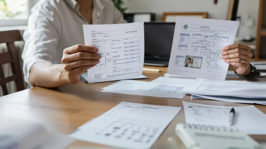 Pessoa nikkei brasileira analisando certidões e documentos genealógicos em mesa