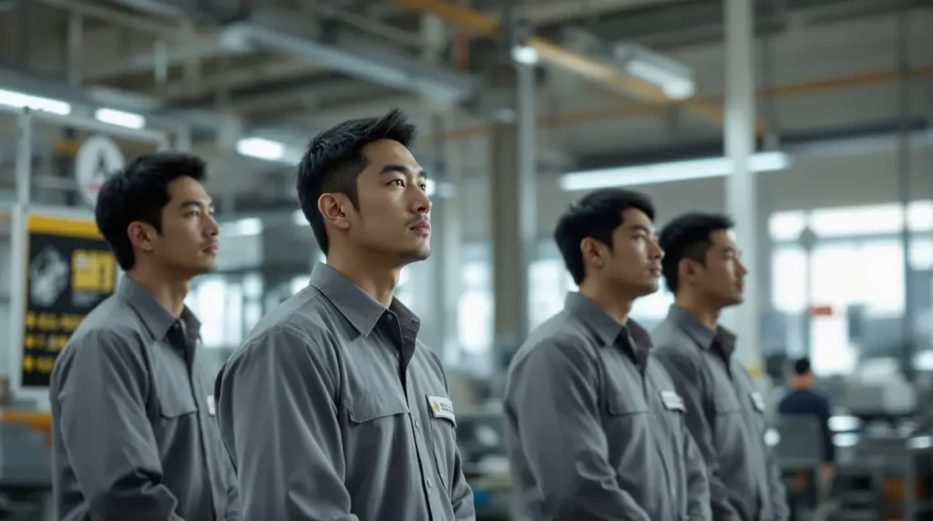 Trabalhador brasileiro descendente de japoneses participando de reunião de equipe matinal em fábrica no Japão
