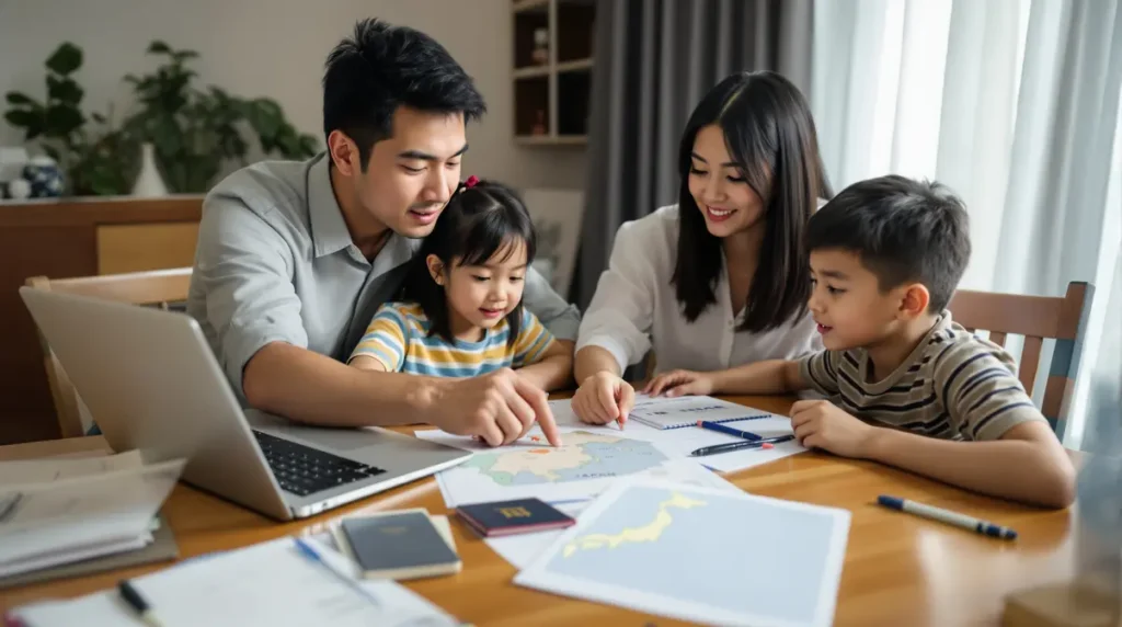 Casal brasileiro descendente de japoneses e dois filhos sentados à mesa de casa, olhando documentos e mapa do Japão, planejando mudança em família