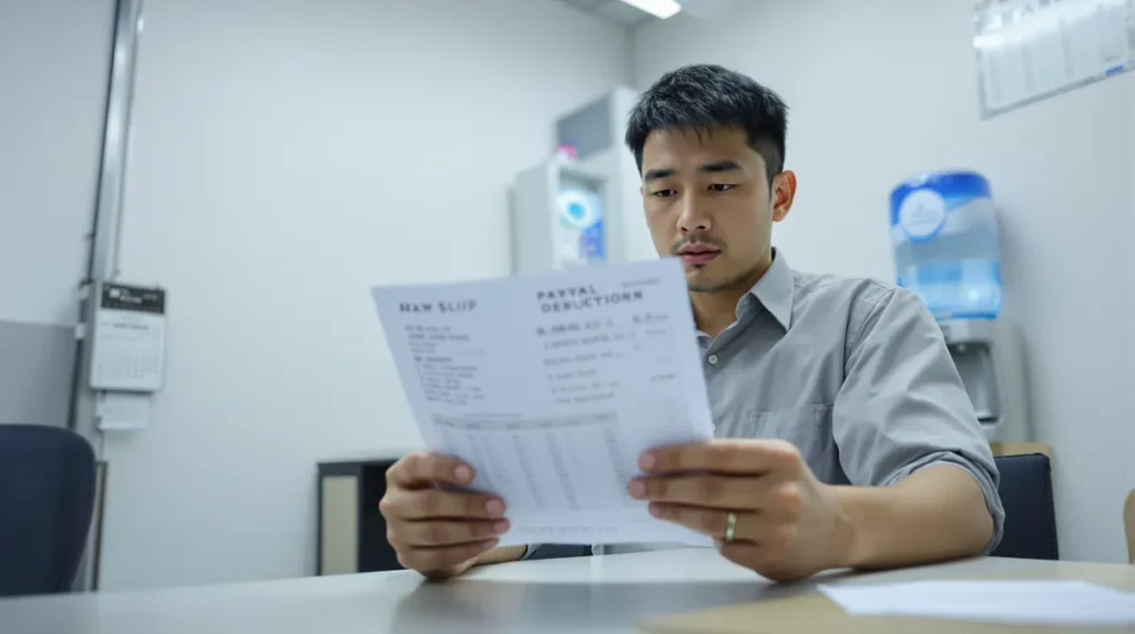 Homem nikkei brasileiro de aproximadamente 30 anos segurando holerite japonês e conferindo descontos de shakai hoken em ambiente de escritório ou sala de descanso de fábrica no Japão