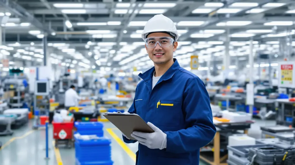 Trabalhador brasileiro descendente de japoneses em uniforme completo dentro de fábrica japonesa moderna, em turno diurno de produção