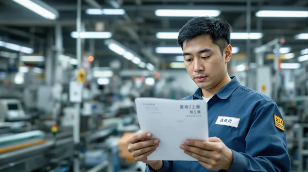 Trabalhador brasileiro descendente de japonês em uniforme de fábrica conferindo contracheque japonês em ambiente industrial realista