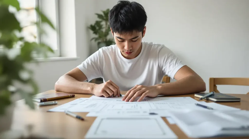 Jovem adulto nikkei brasileiro organizando documentos e certidões sobre uma mesa, preparando a solicitação de visto para o Japão